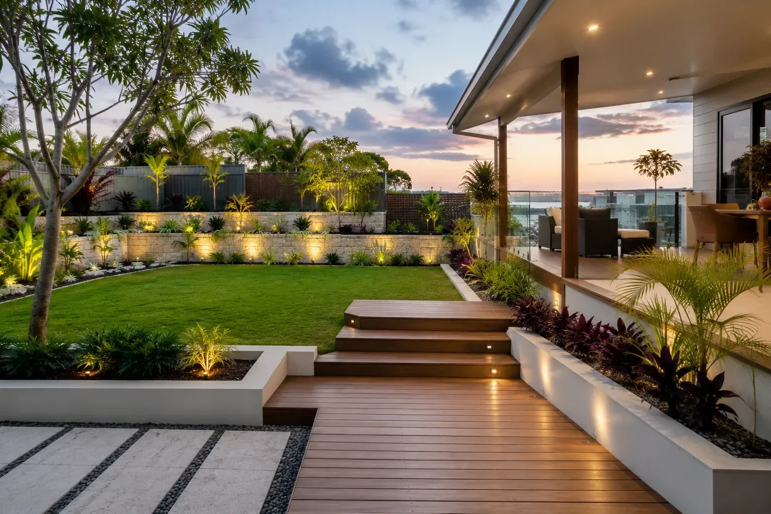 Timber deck steps leading down to a lawn with garden lighting at dusk